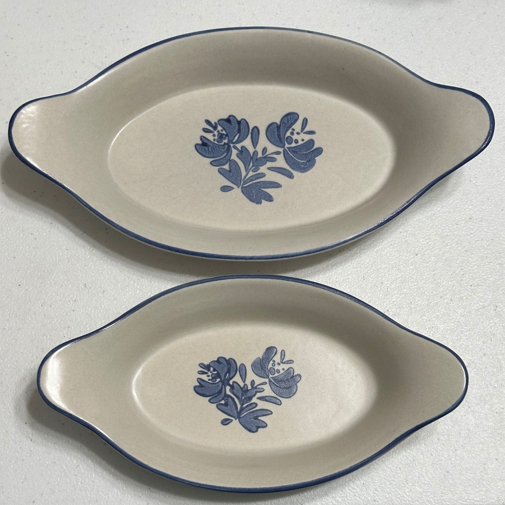Pfaltzgraff Yorktowne VTG USA Au Gratin Baking Dishes‎ Blue Floral Stoneware 2